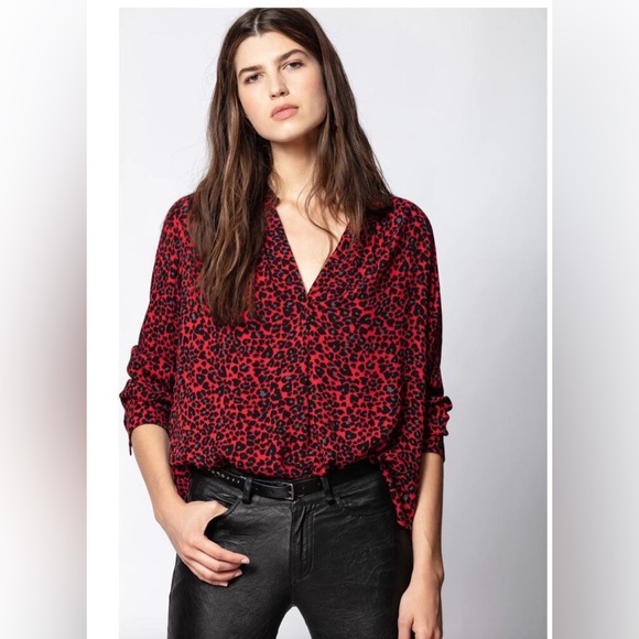 Zadig & Voltaire Tops - Zadig & Voltaire Red and Black Leopard Print V-Neck Blouse